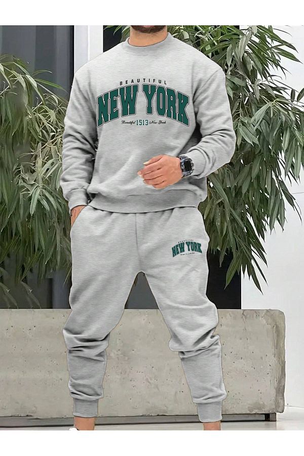 VBSV BES Beatiful New York Tracksuit Set Sweatshirt Jogger Gray Printed Oversize Ribbed Crew Neck Trendyol