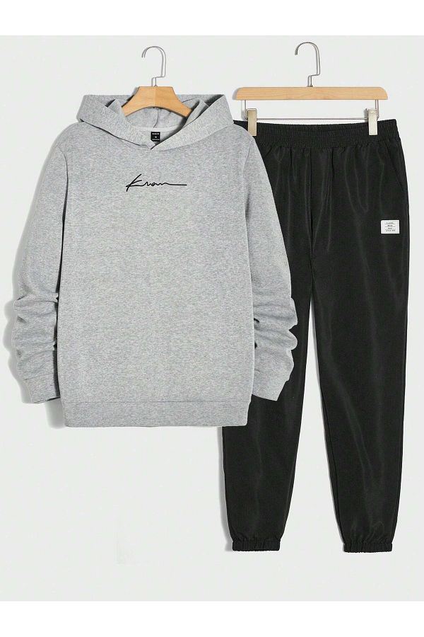 VBSV BES Know Written Tracksuit Set Sweatshirt Jogger Gray Black Printed Oversized Hoodie