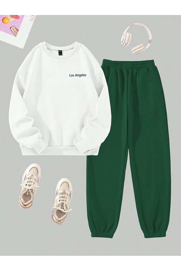 VBSV BES White Green CREW NECK Combination Bottom Top Tracksuit Set LOS ANGLES Trendyol