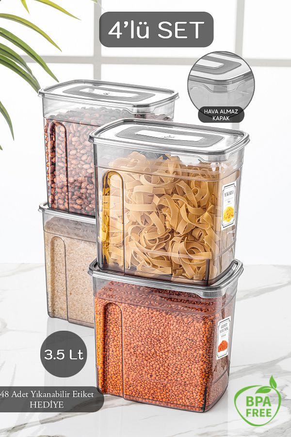 Meleni Home-4-Piece Lena Labeled Food Storage Container with Lid - Pulses Container Jar 4x3,5 Lt 1