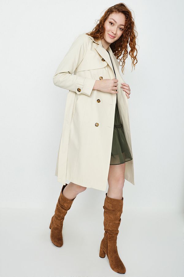 Select Moda Women s Cream Belted Front Buttoned Long Trench Coat Trendyol