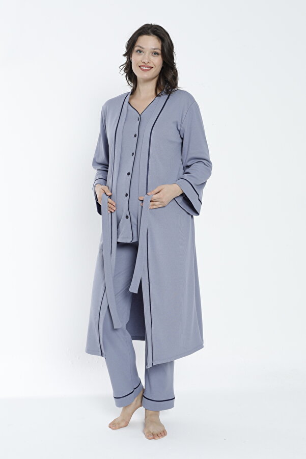 Miss Dünya Lissa Füme Önden Düğmeli Uzun Sabahlıklı Hamile ve Lohusa Pijama Takımı
