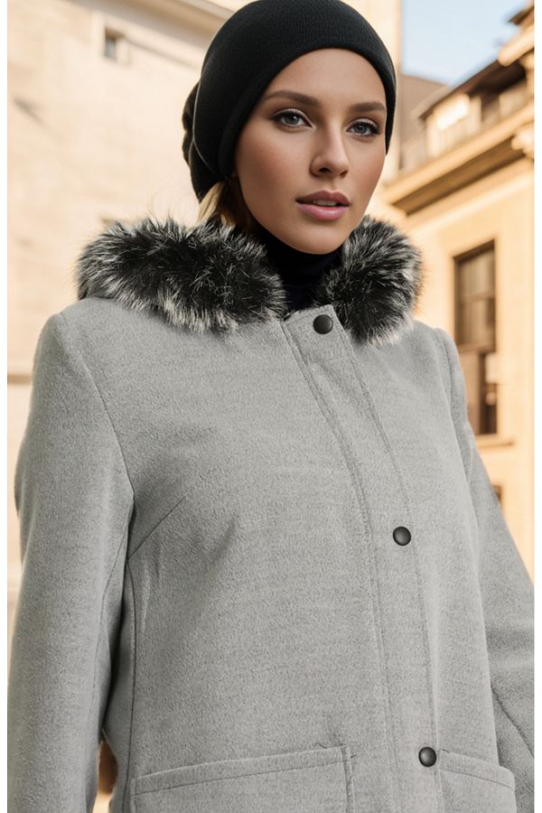 Layda Giyim Hermes Stamped Fur Coat Light Gray Trendyol