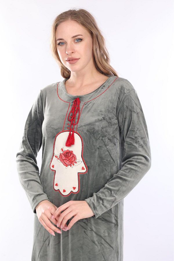 mervemoda-Rochie de damă din catifea kaki 1