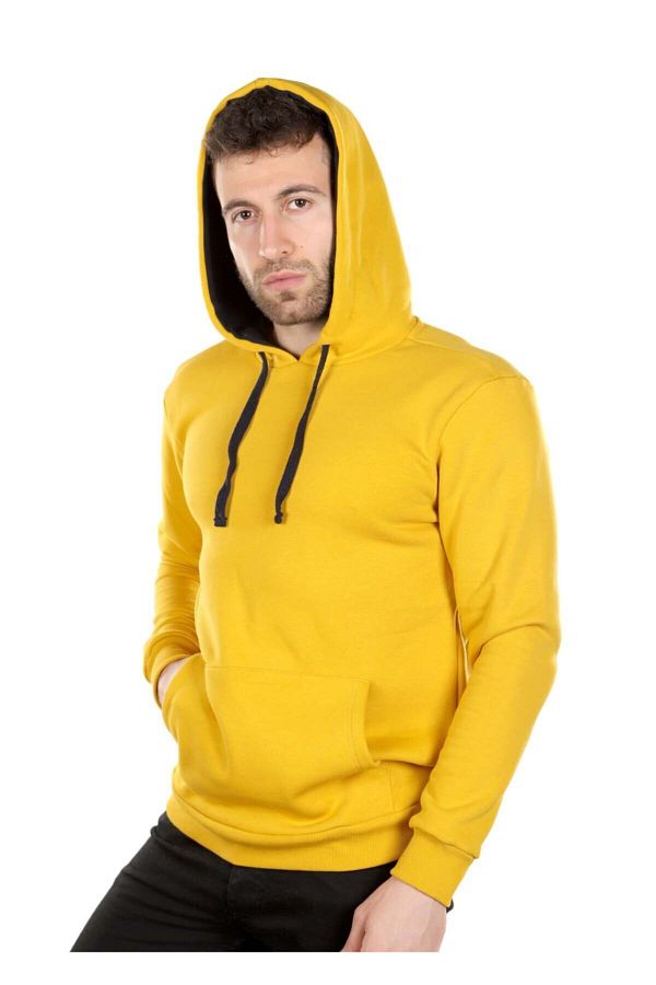 QualiTee Men s Mustard Basic Hooded Sweatshirt Trendyol