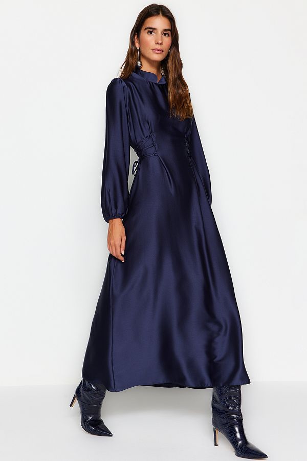Trendyol Modest-Navy Blue Satin Evening Dress with Belted Waist TCTSS23DB00037 1