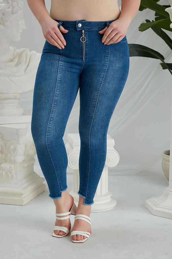 Rmg Large Size Blue Jeans with Zipper and Leg Detail Trendyol