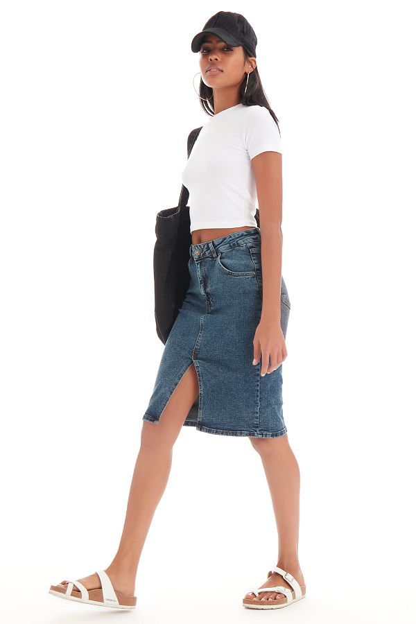 its basic Women s Tint Denim Color Midi Length High Waist Slit Jean Skirt Trendyol