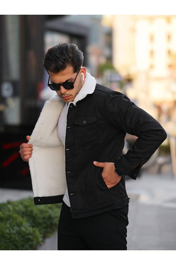 Pobudo Black Color Men s Denim Coat with Fur Inside Trendyol