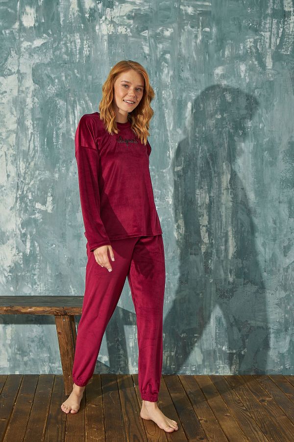 Meba Burgundy Elegant Long Sleeve Elasticized Winter Velvet Women s Pajama Set 13 Trendyol