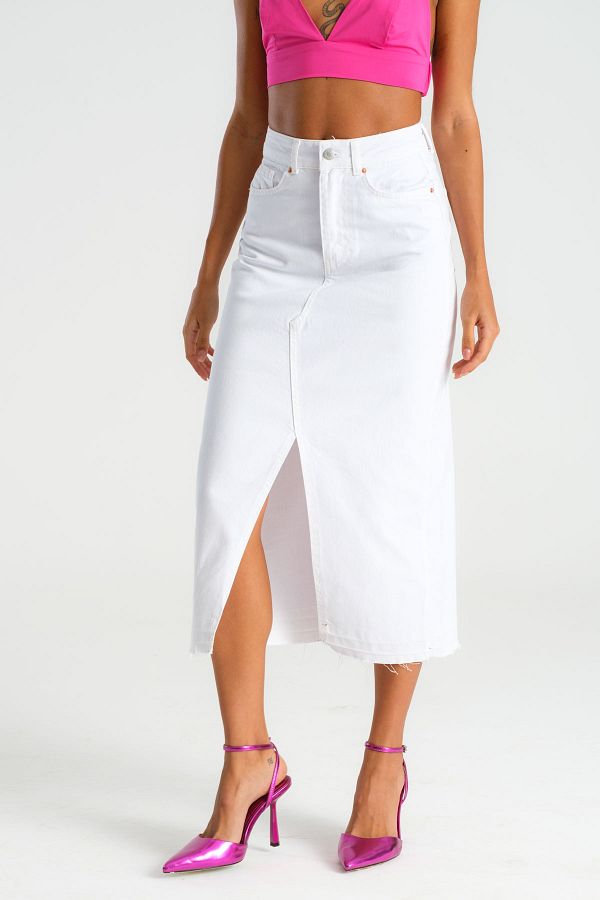 its basic Women s White Color Deep Slit High Waist Long Denim