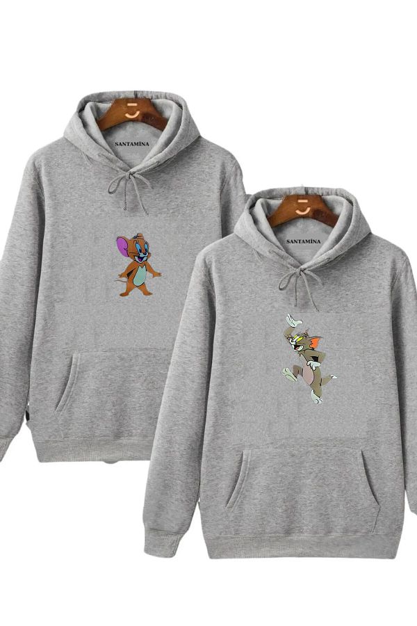 BYMEER-Hanorac unisex gri, duo, cu imprimeu Tom și Jerry, pentru cupluri de iubiți 1
