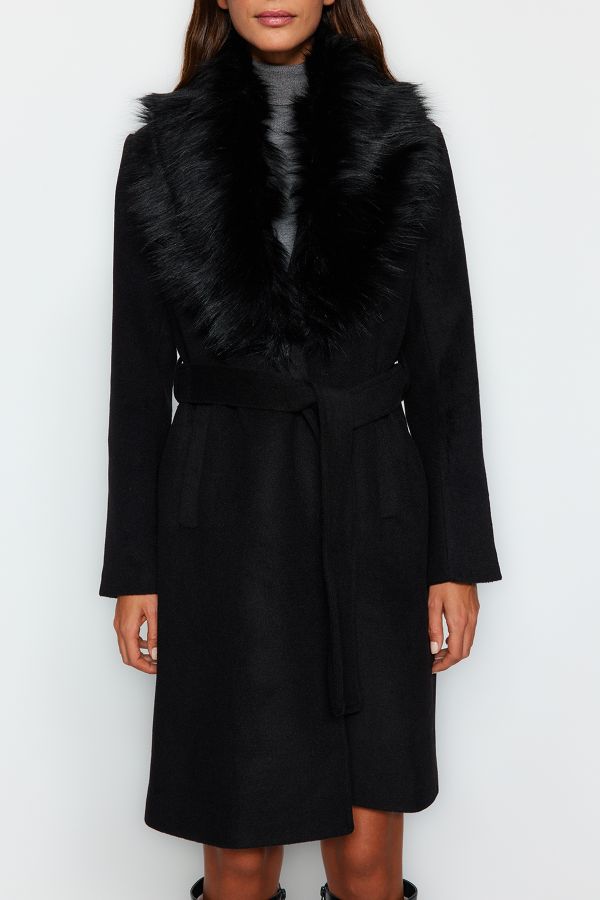 Trendyol Collection Black Fur Collar Detailed Belted Coat 