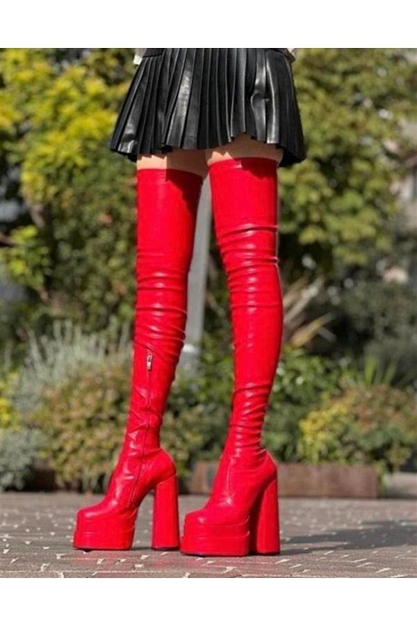FS KOMB N Peak Stretch Red Double Platform Zipper Detailed Thick High Heel Women s Over the Knee Boots Trendyol