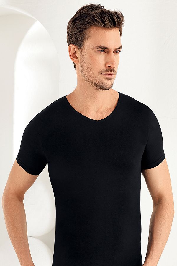 Şahinler-Men's Black Short Sleeve V-Neck Lycra Single Jersey Undershirt ME073 1