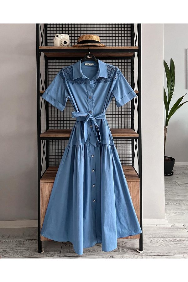 Dzyn Line Ewas Design Midi Length Belted Women s Dress Trendyol