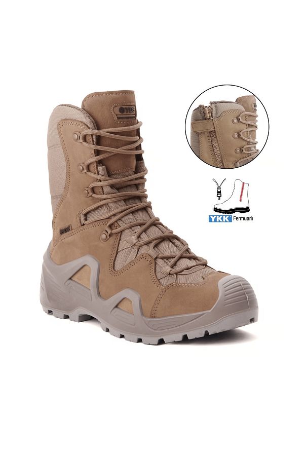 YDS ASTOR WITH ZIP BOOTS COYOTE Genuine Skin Nubuck Leather Professional Zippered Military Tactical Boots Trendyol