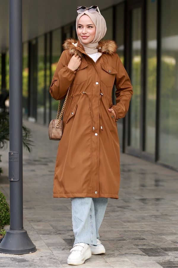Bestenur Leon Portable Hooded Coat 594 Tan Trendyol