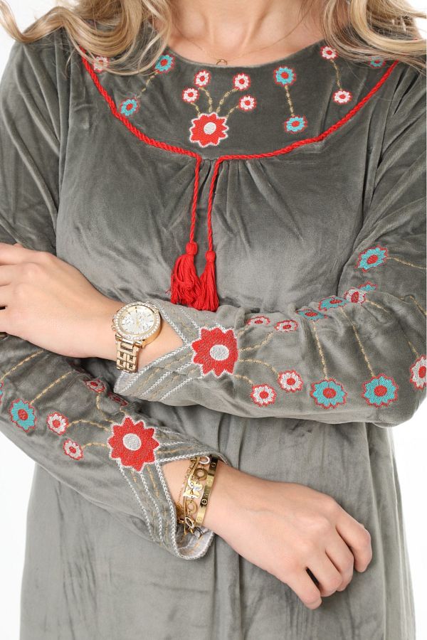 mervemoda-Women's Khaki Collar and Sleeve Embroidery Detailed Velvet Long Dress 1