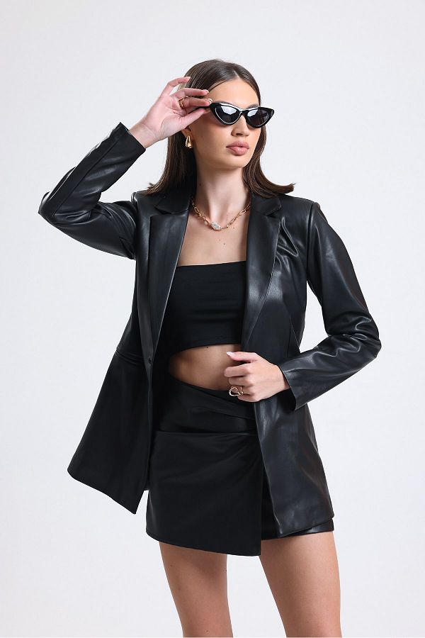 BERNE Women s Shirt Collar Fleto Pocket Lined Blazer Faux Leather Jacket Trendyol