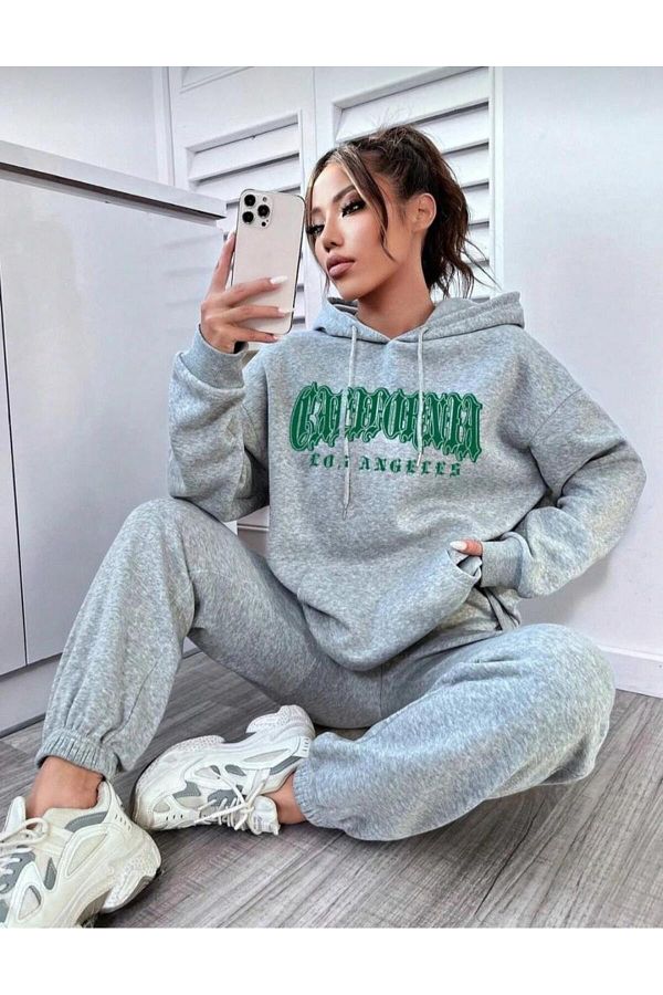 LA VEST T California Tracksuit Set Gray Printed Bottom Top Set Hooded Sweatshirt Jogger Elastic Leg Trendyol