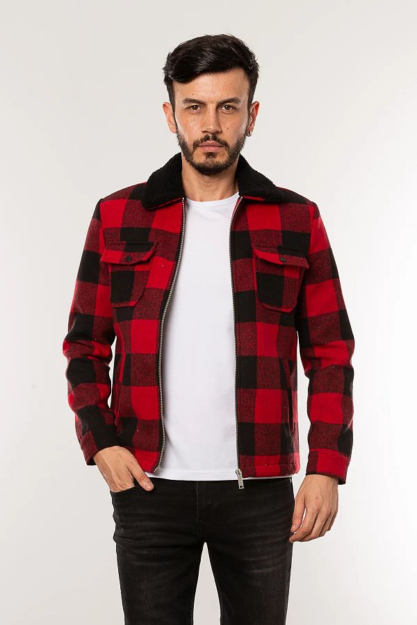 Cazador Fur Collar Plaid Jacket Trendyol