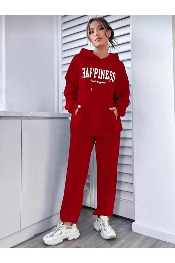 LA VEST T Women s Oversize Happiness Printed Cotton Tracksuit Set Hooded Sweatshirt High waist Jogger Trendyol