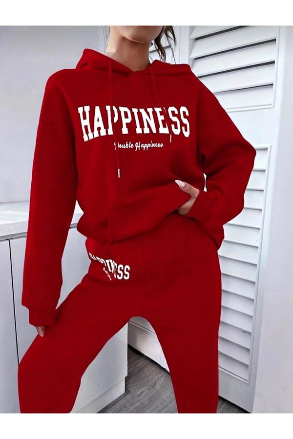 LA VEST T Women s Oversize Happiness Printed Cotton Tracksuit Set Hooded Sweatshirt High waist Jogger Trendyol