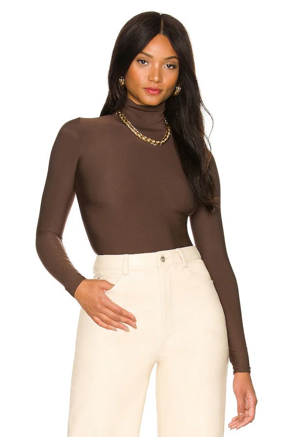 Zagrep-Women's Coffee Color Turtleneck Silk Jersey Bodysuit 1