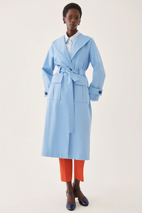 Perspective Blue Colored Women s Trench Coat Comfortable Fit Wide Collar Midi Length Trendyol