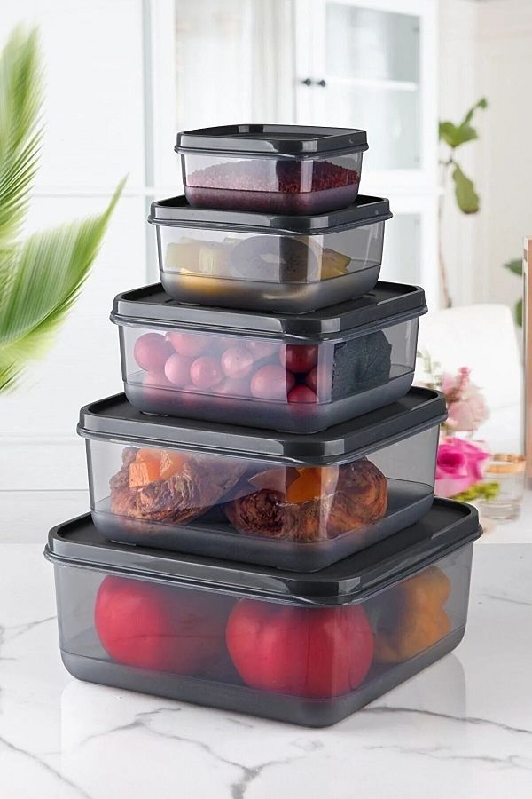 Çavdar Group-Ruby 5-Piece Storage Container Set Square Food Storage Container Set 0.25-0.5-1.0-1.7-2.5 Liter 1