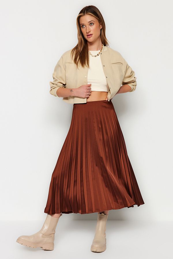 Trendyol Collection Brown Pleated Satin Midi Woven Skirt TWOAW24ET00359 Trendyol