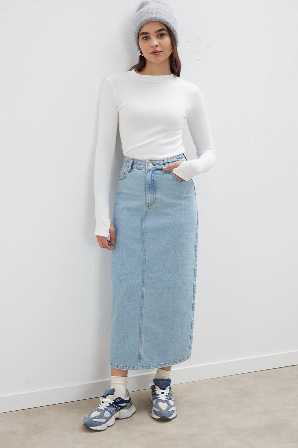 Denim pencil skirt light blue cheap