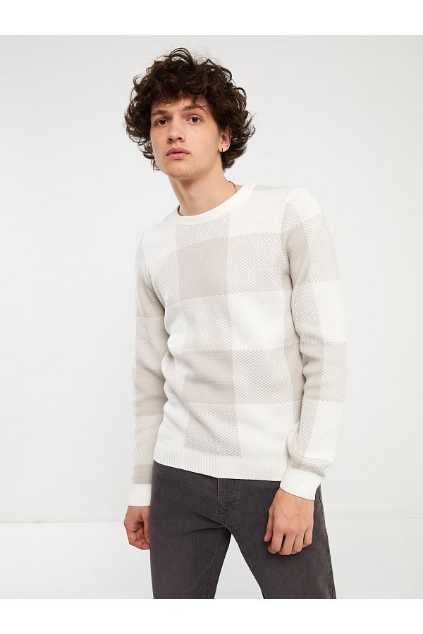 LC Waikiki-Herren-Strickpullover mit Karomuster, Rundhalsausschnitt und langen Ärmeln 1