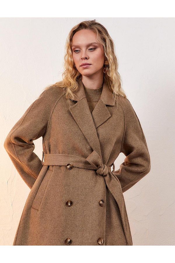 Kayra Premium Wool Double Breasted Buttoned Belted Coat Trendyol