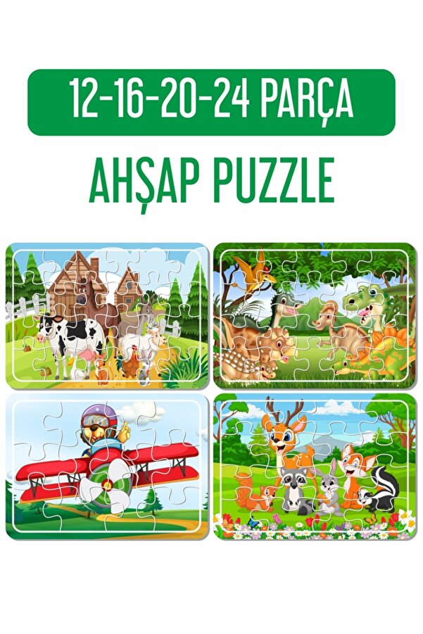 Baskı Atölyesi Sevimli Hayvanlar, Dinazorlar Ve Ayıcık Uçakta Ahşap Puzzle Seti