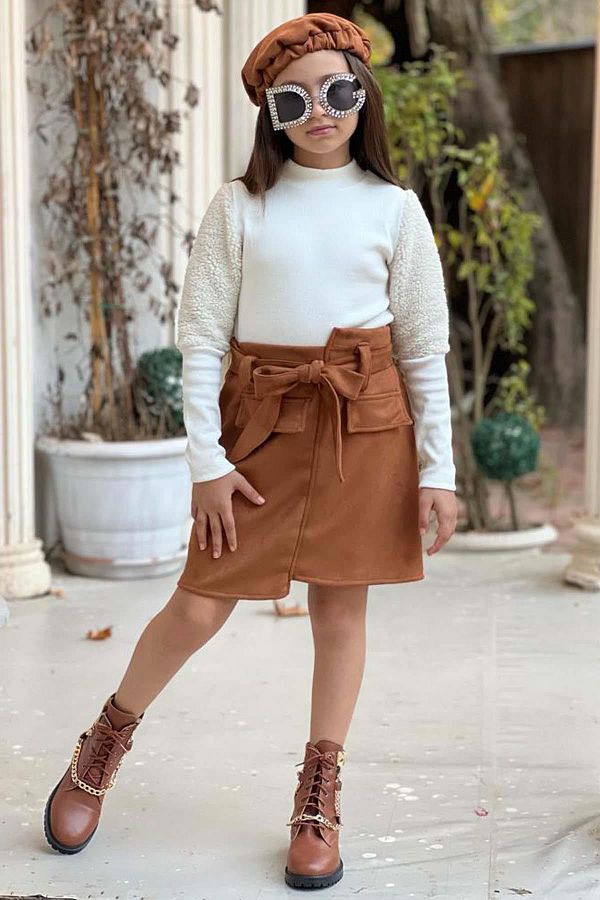 Riccotarz Girl s Half Neck Sleeves Plush White Blouse and Suede Brown Skirt Set Trendyol