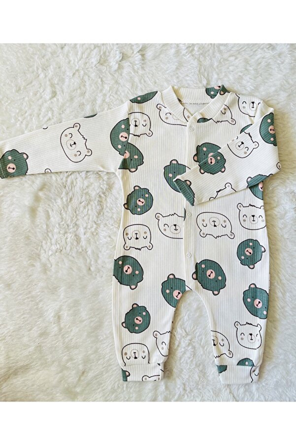 anne dokunuşu gibi KUZUM BEBE Yeşil Ayıcık Figürlü Fitilli Kumaş Kız Erkek Bebek Pamuk Kumaş Çıtçıtlı Tulum