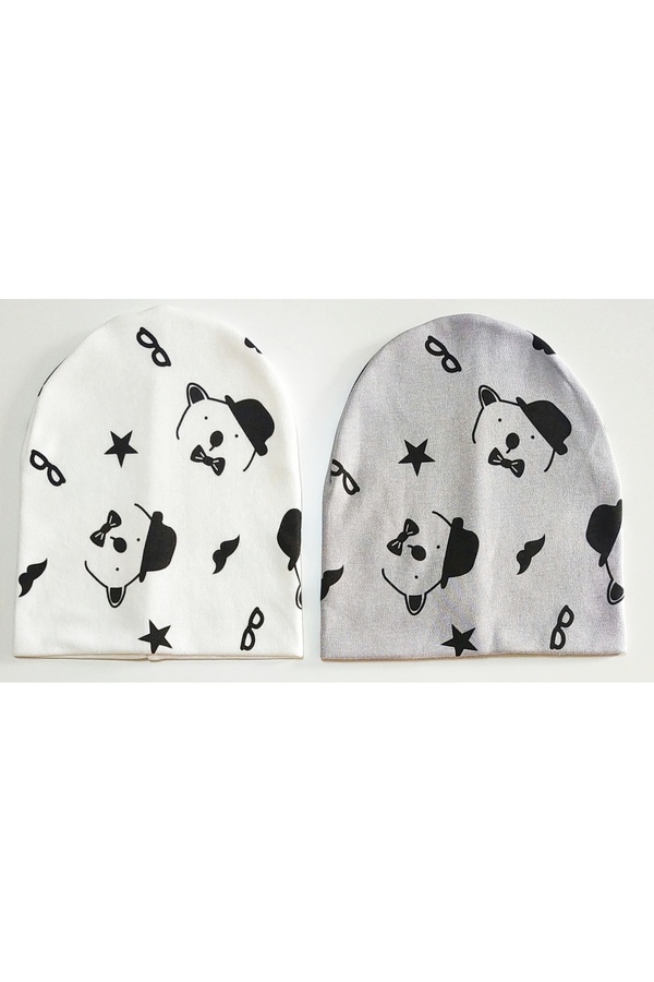 neocotton Çift Katlı Pamuklu Şapkalı Ayı Baskılı 2'li Penye Bebek Çocuk Bere