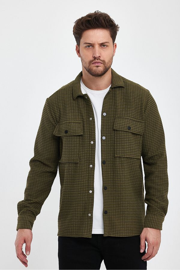 Maximilian Men s Khaki Regular Cut Square Textured Long Sleeve Shirt Trendyol