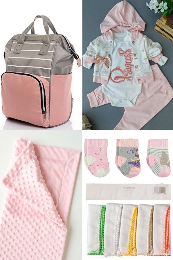 sahra bebek 6’lı Bebek Doğum Seti(HASTANE ÇIKIŞ,ANNE&BEBEK BAKIM OMUZ VE SIRT ÇANTASI,BATTANİYE,ÇORAP VE MENDİL)