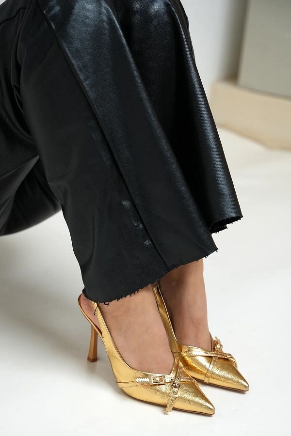 LAM NTA Nina Gold Cross Stripe Detailed Women s Heeled Shoes Trendyol