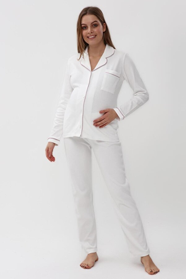 LİKAPA Interlok Düğmeli Hamile Lohusa Uzun Kol Pijama Takımı 1354-01