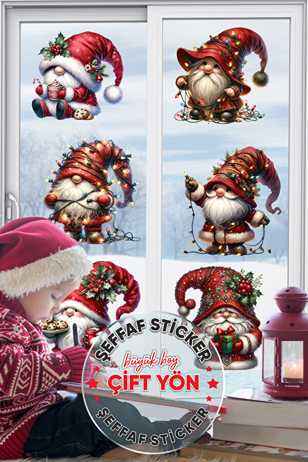 PANDA SOKAĞI Yeni Yıl Konseptli ÇİFT YÖN ŞEFFAF Şapkalı Noel Adamlar Cam Duvar Yılbaşı Süsü Sticker Seti