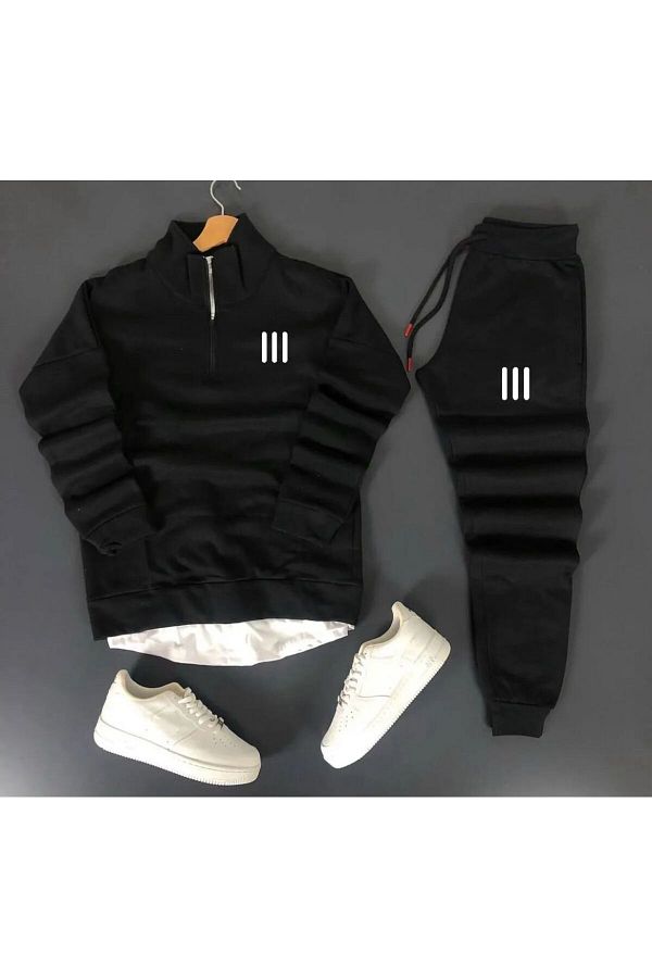 optimist sağdıç the original-Unisex Three Line Printed Half Zipper Sweatshirt-Sweatpants Set Combination 1
