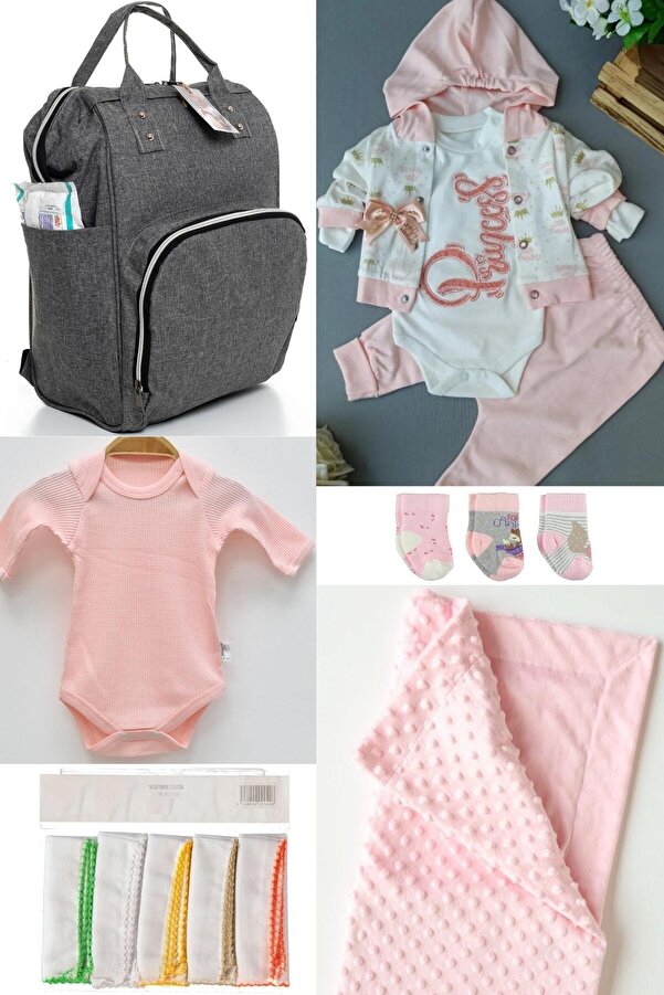 sahra bebek 6'LI BÜYÜK BEBEK DOĞUM SETİ (HASTANE ÇIKIŞ,BEBEK BAKIM ÇANTASI,BATTANİYE,BODY,10LU MENDİL,3LÜ ÇORAP)