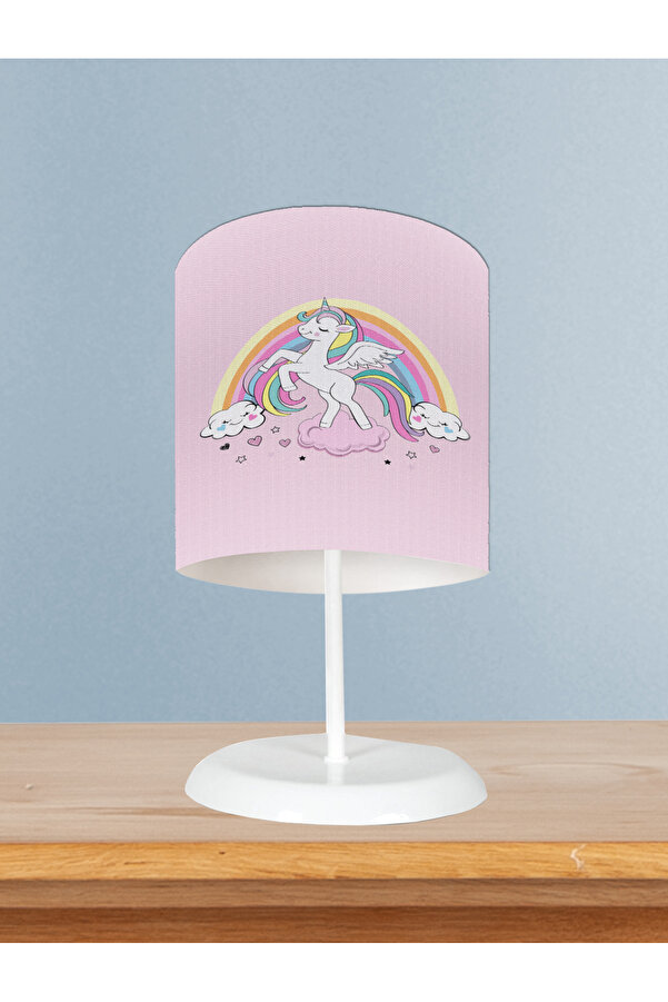 BAMBAŞKA MODA BEBEK VE ÇOCUK ODASI Gökuşağı ve Unicorn Desenli Pembe Abajur
