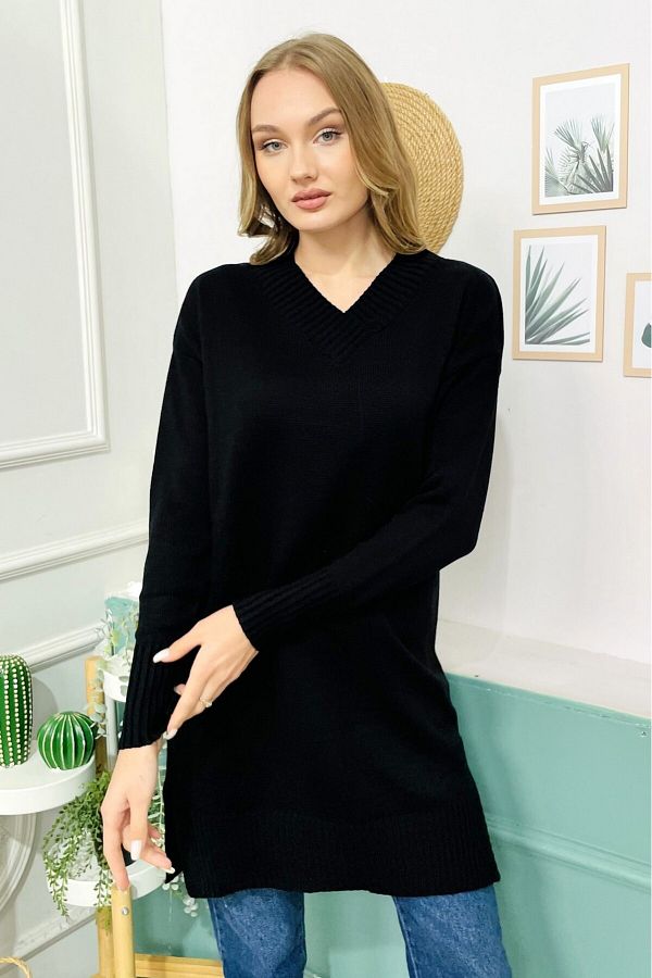 StilOBA BLACK V NECK TUNIC SWEATER Trendyol
