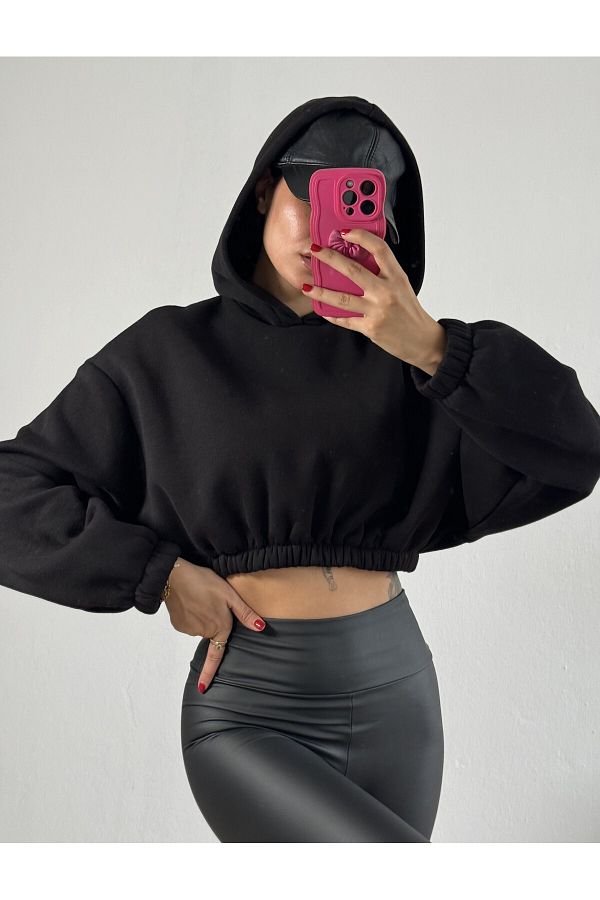 minaaise Black Hooded Wide Cut Ribbed Crop Sweatshirt 26260 Trendyol