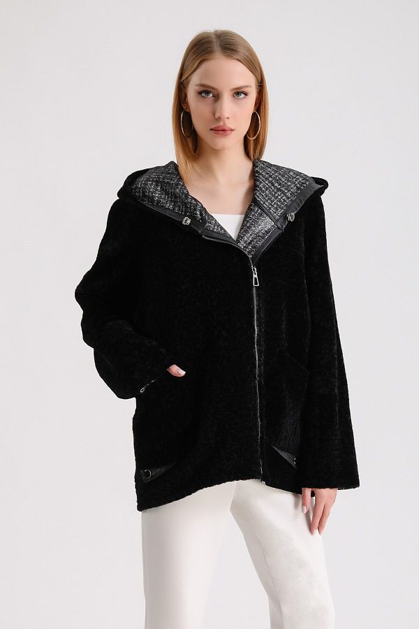Leather Club-Black Leather Garnished Astrakhan Fur Coat 1